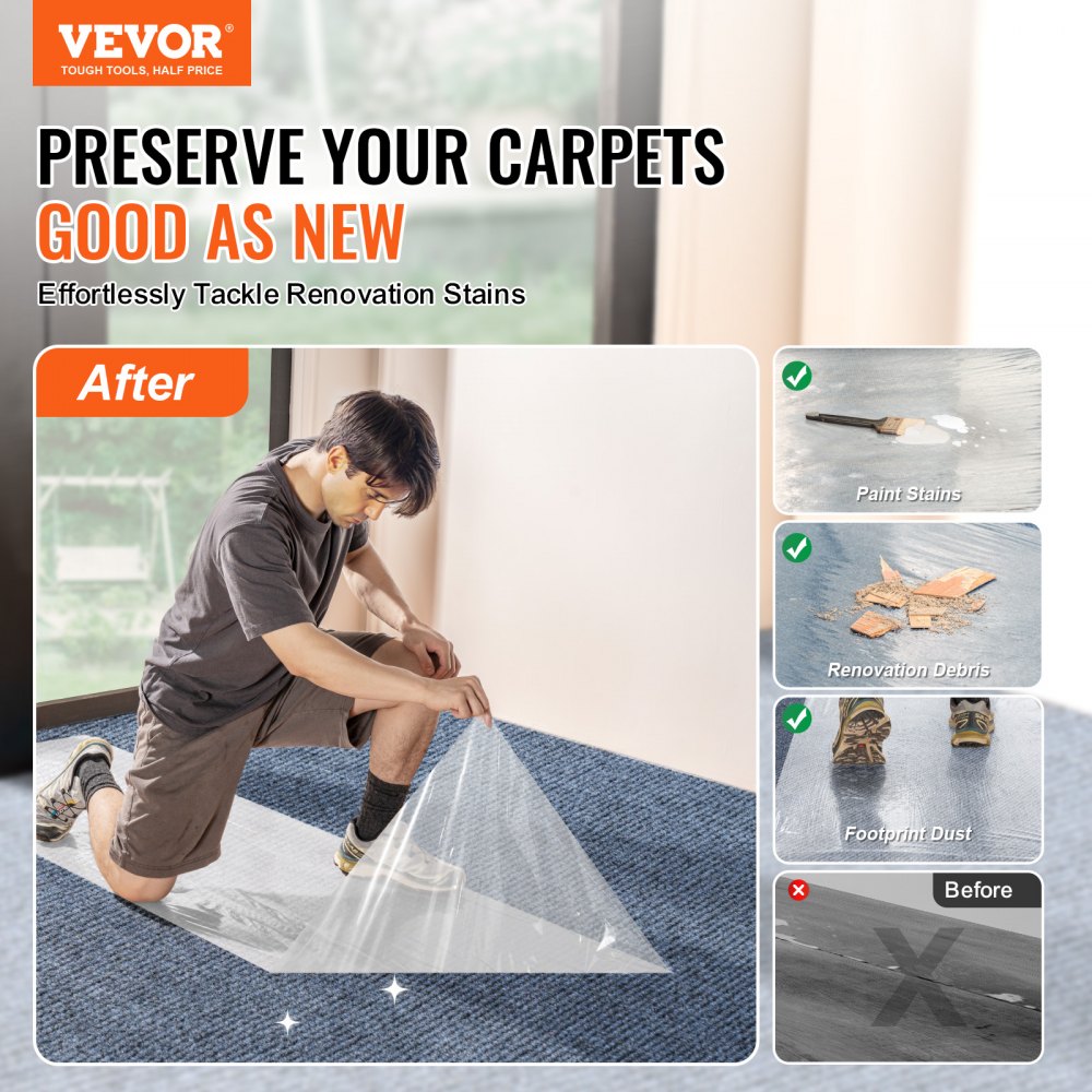 Self-adhesive polyethylene carpet protection film roll, 24 inches wide by 50 feet long.
