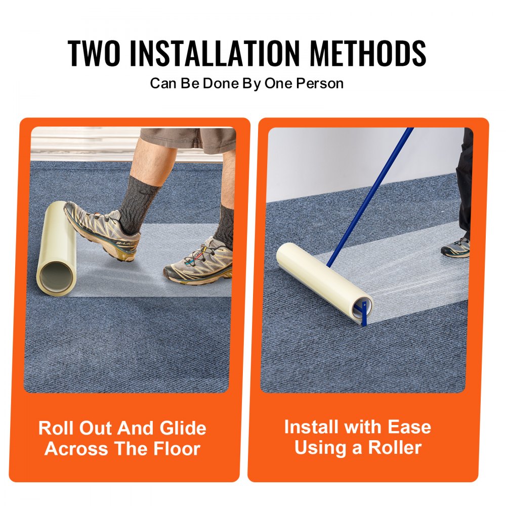 Self-adhesive polyethylene carpet protection film roll, 24 inches by 50 feet, clear and durable.