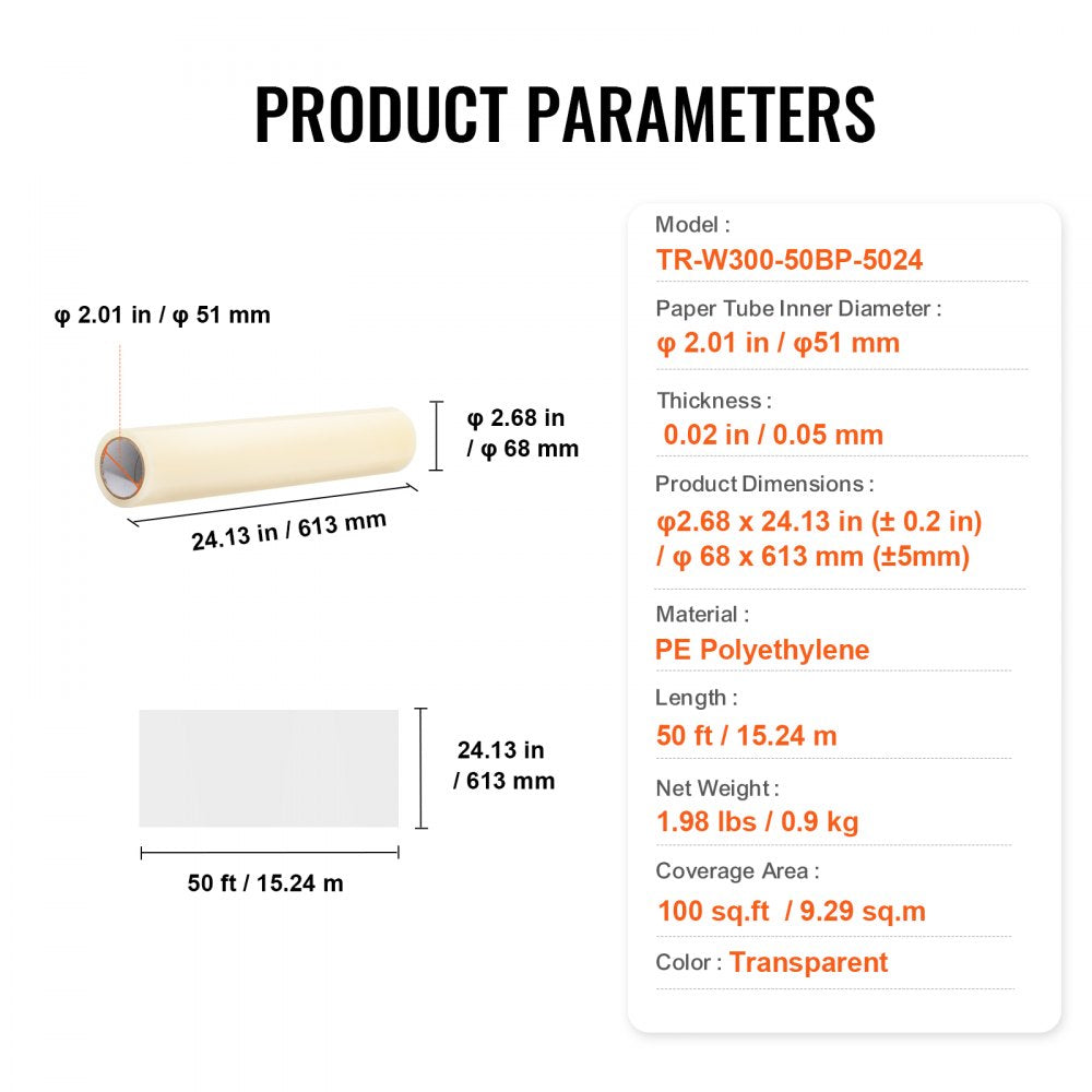 Self-adhesive polyethylene roll for protecting carpets during renovations, 24" x 50'.