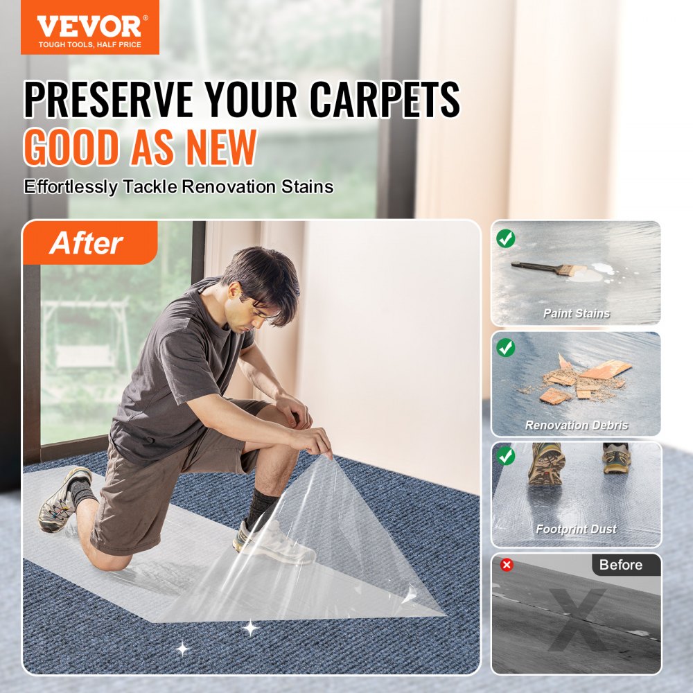 Self-adhesive polyethylene carpet protection film roll, 36" x 200', waterproof and tear-resistant.