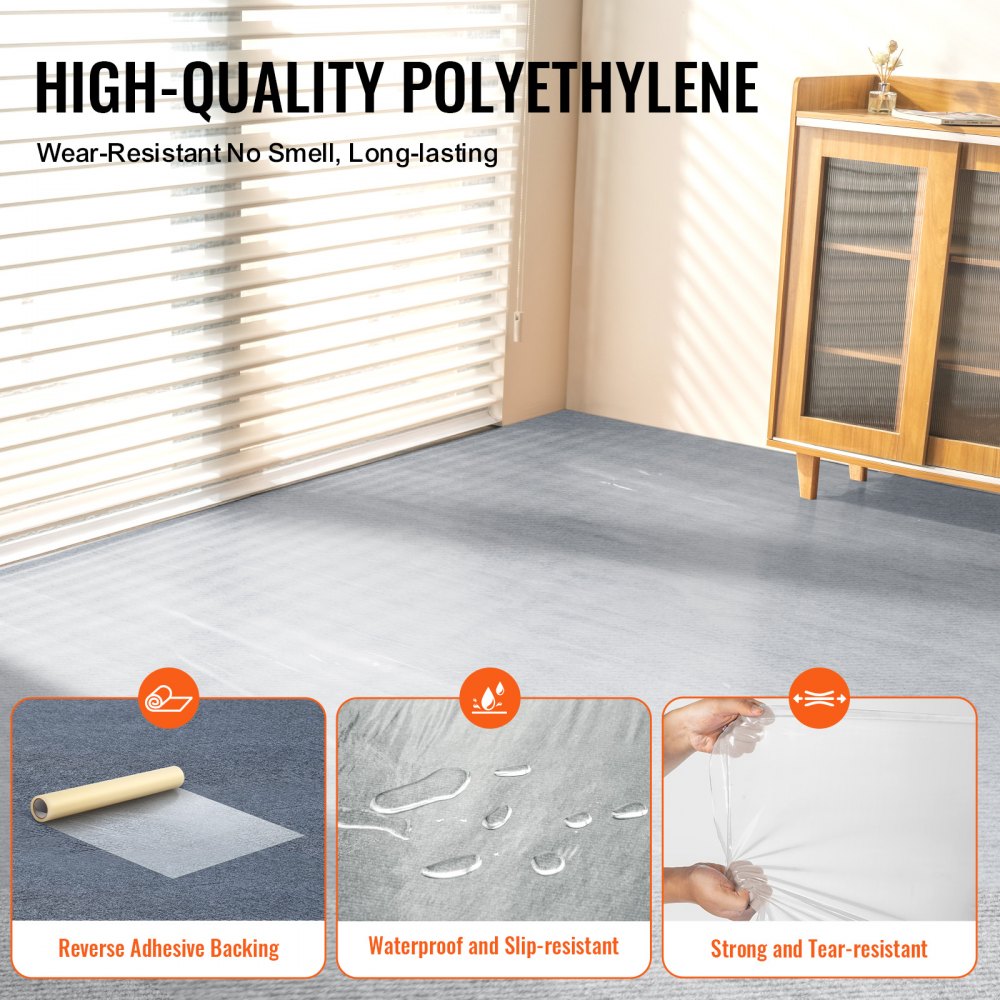Self-adhesive polyethylene carpet protection film roll, 36 inches wide and 200 feet long.