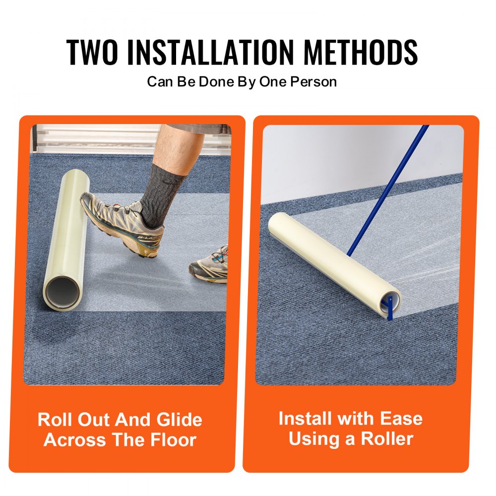 Self-adhesive polyethylene carpet protection film roll, 36 inches wide and 200 feet long.