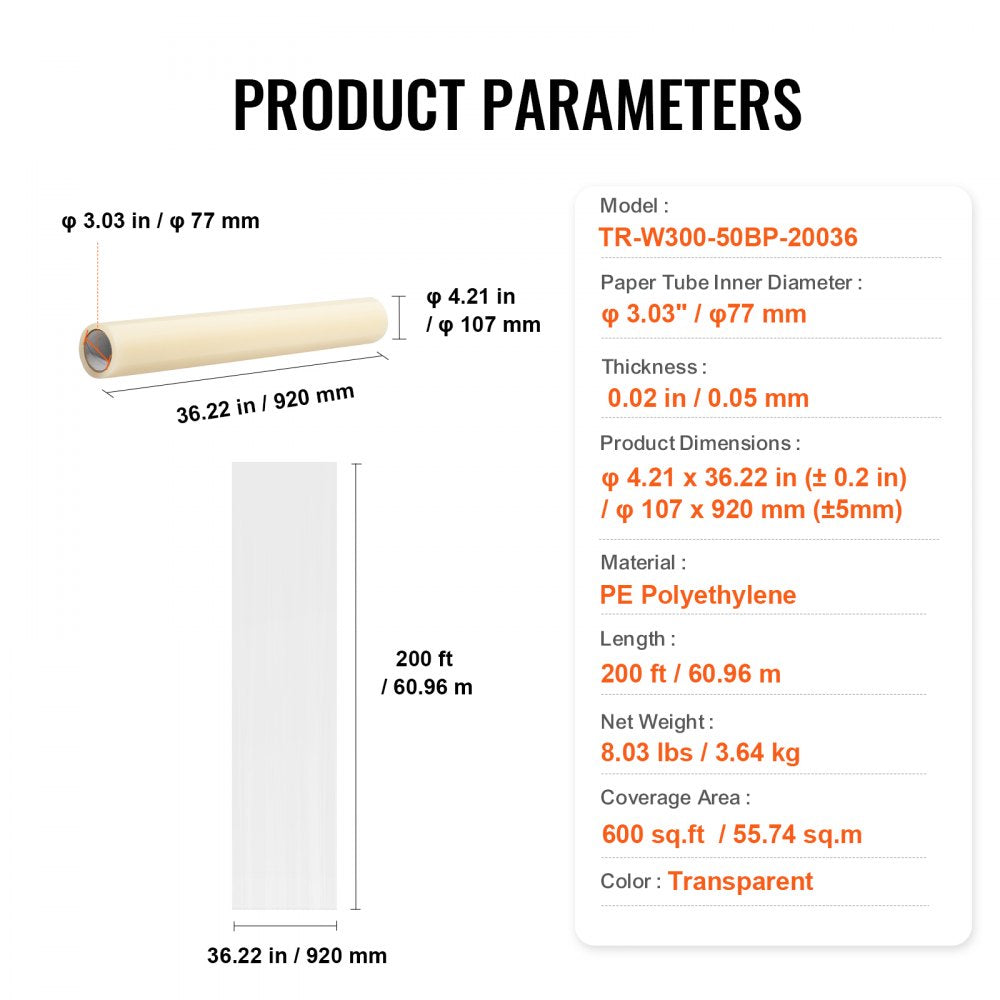 Self-adhesive polyethylene carpet protection film roll, 36 inches wide by 200 feet long.