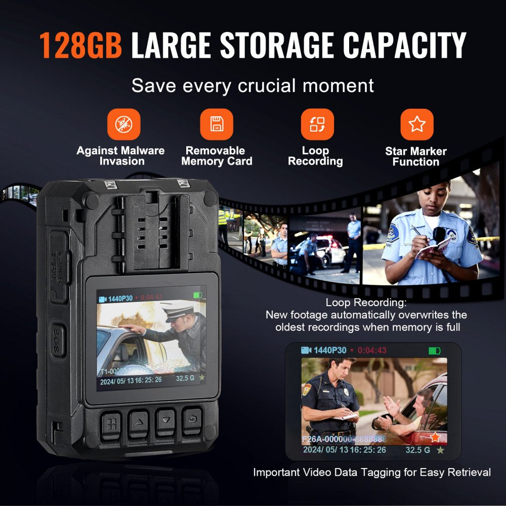 1440P HD Police Body Camera, 128GB Body Cam with Audio Video Recording Picture, Built-in 3500 mAh Battery, 2.0" LCD, Infrared Night Vision, Waterproof GPS Personal Body Cam for Law Enforcement