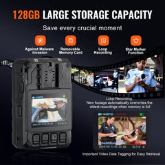1440P HD Police Body Camera, 128GB Body Cam with Audio Video Recording Picture, Built-in 3500 mAh Battery, 2.0" LCD, Infrared Night Vision, Waterproof GPS Personal Body Cam for Law Enforcement