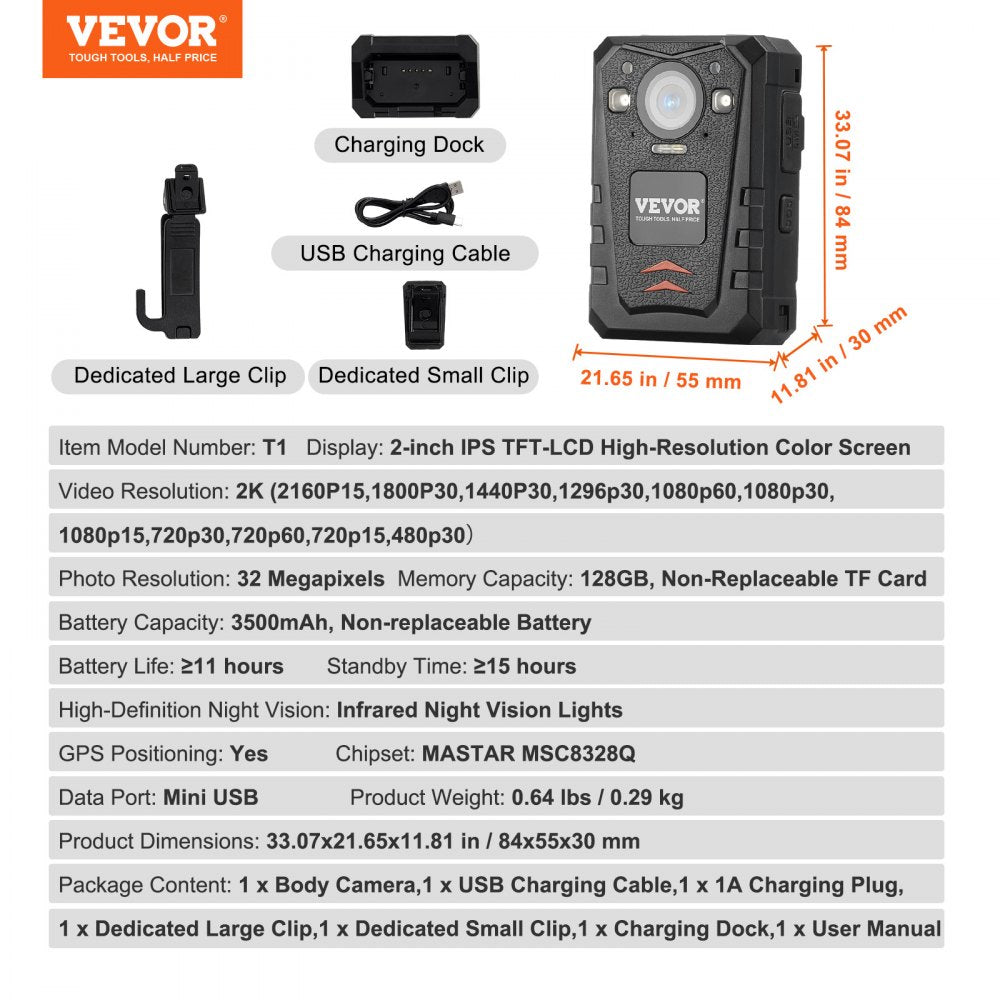 1440P HD Police Body Camera, 128GB Body Cam with Audio Video Recording Picture, Built-in 3500 mAh Battery, 2.0" LCD, Infrared Night Vision, Waterproof GPS Personal Body Cam for Law Enforcement