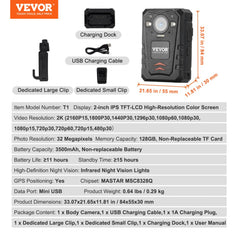 1440P HD Police Body Camera, 128GB Body Cam with Audio Video Recording Picture, Built-in 3500 mAh Battery, 2.0" LCD, Infrared Night Vision, Waterproof GPS Personal Body Cam for Law Enforcement