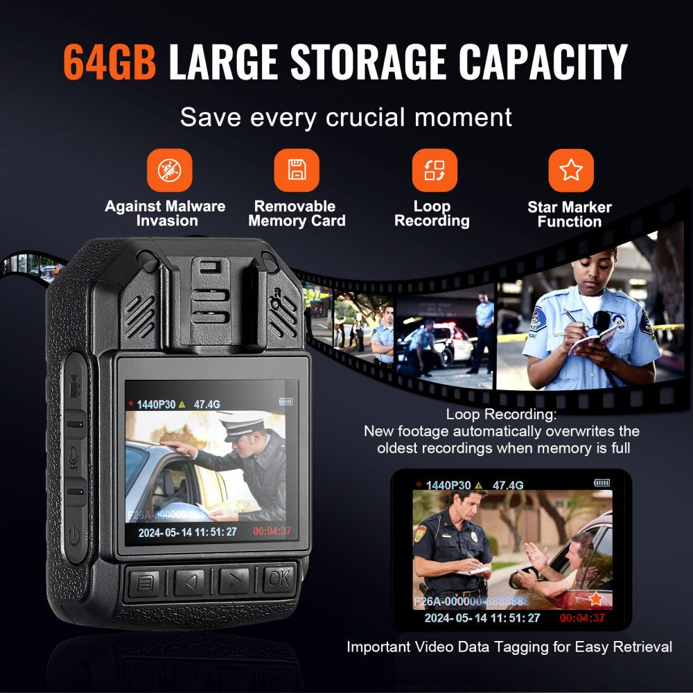 1440P HD Police Body Camera, 64GB Body Cam with Audio Video Recording Picture, Built-in 2850 mAh Battery, 2.0" LCD, Infrared Night Vision, Waterproof Personal Body Cam for Law Enforcement