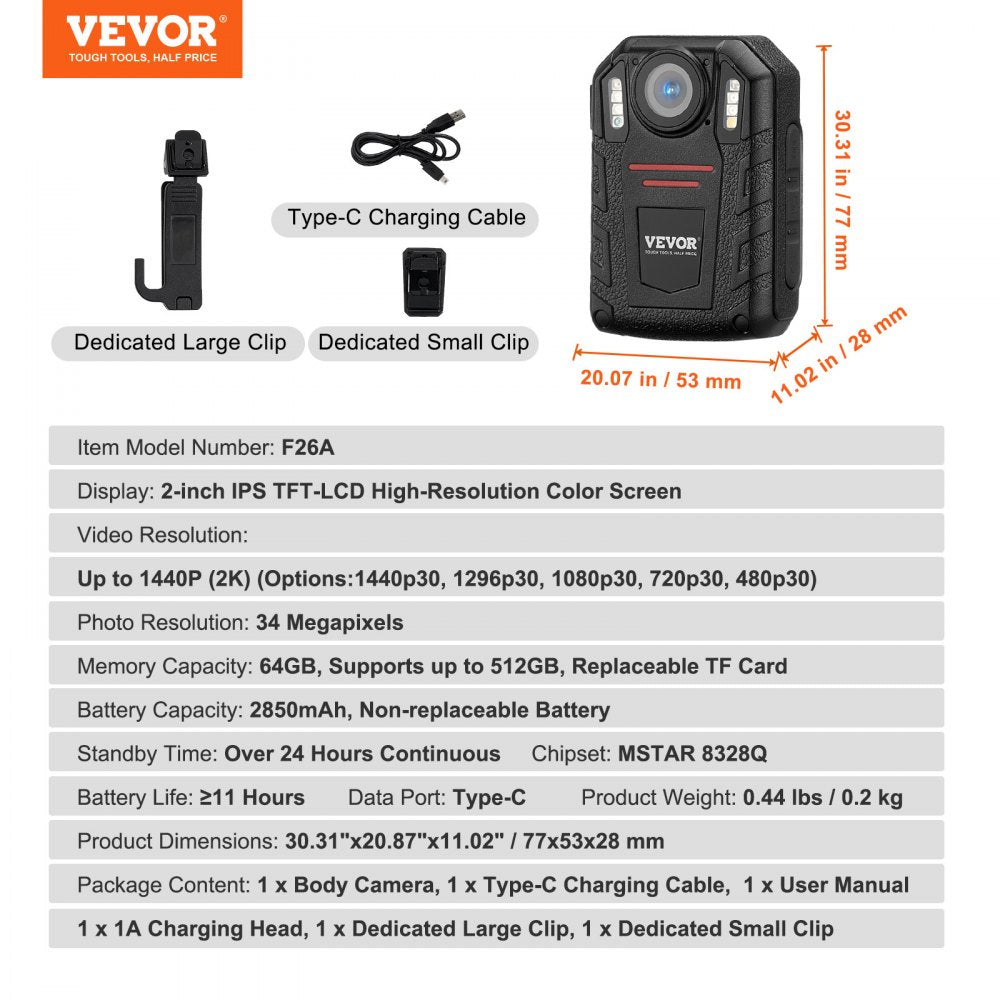 1440P HD Police Body Camera, 64GB Body Cam with Audio Video Recording Picture, Built-in 2850 mAh Battery, 2.0" LCD, Infrared Night Vision, Waterproof Personal Body Cam for Law Enforcement