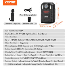 1440P HD Police Body Camera, 64GB Body Cam with Audio Video Recording Picture, Built-in 2850 mAh Battery, 2.0" LCD, Infrared Night Vision, Waterproof Personal Body Cam for Law Enforcement