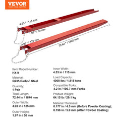 Pallet Fork Extensions, 72" Length 4.5" Width, Heavy Duty Carbon Steel Fork Extensions for Forklifts, 1 Pair Forklift Extensions with Pins, Forklift Fork Attachments for Forklift Truck, Red