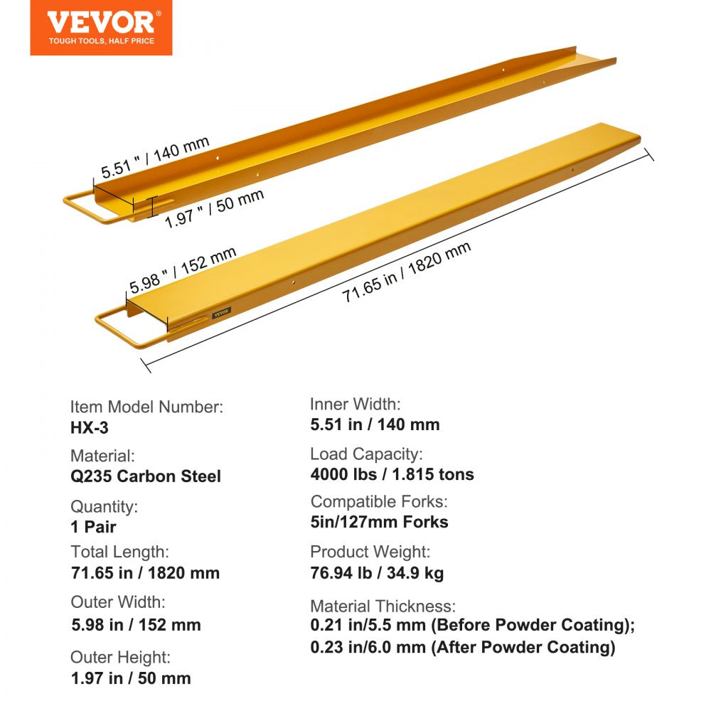 Pallet Fork Extensions, 72" Length 5.5" Width, Heavy Duty Carbon Steel Fork Extensions for Forklifts, 1 Pair Forklift Extensions, Industrial Forklift Fork Attachments for Forklift Truck, Yellow