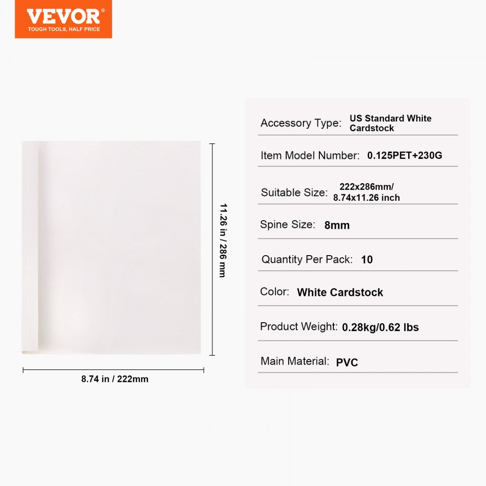 Thermal Binding Covers, 10 Pack Thermal Presentation Covers 5/16 inch Spine Holds 2-240 Sheets, PVC Transparent Front Cover and White Back Cover, Letter Size