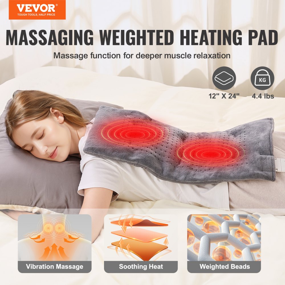 Massaging Weighted Heating Pad Heat Vibrations 12 x 24 in 4.4 lbs for Back