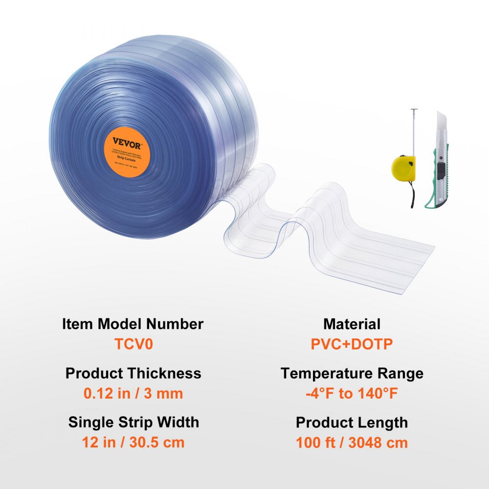 Strip Curtain, 100` Length x 12" Width x 0.12" Thickness, Clear Ribbed PVC Curtain Strip Door Bulk Roll, Plastic Door Strips for Doorway of Supermarket, Garage, Warehouse, Barn, Pet Animal House
