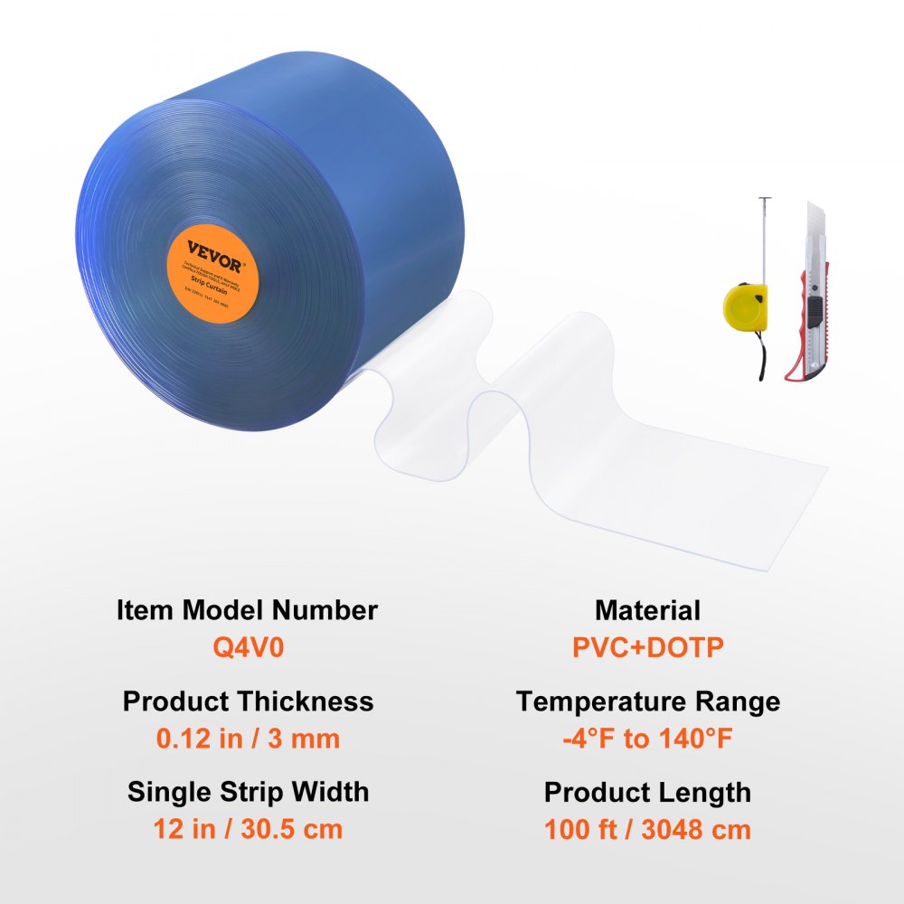 Strip Curtain, 100` Length, 12" Width, 0.12" Thickness, Clear Smooth Plastic Door Strips, PVC Curtain Strip Door Bulk Roll for Warehouses, Factories, Supermarkets, Shopping Malls, Halls, Garages