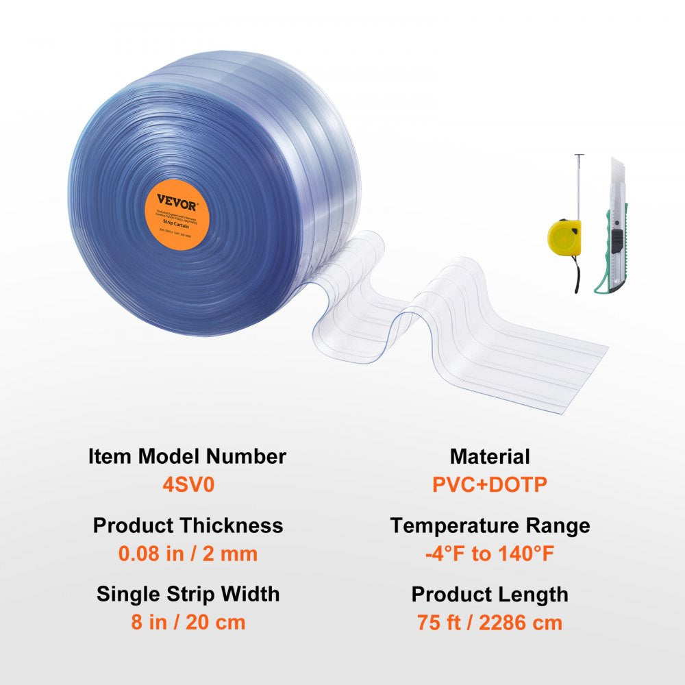 Strip Curtain, 75` Length, 8" Width, 0.08" Thickness, Clear Ribbed Plastic Door Strips, PVC Curtain Strip Door Bulk Roll for Warehouses, Factories, Supermarkets, Shopping Malls, Halls, Garages