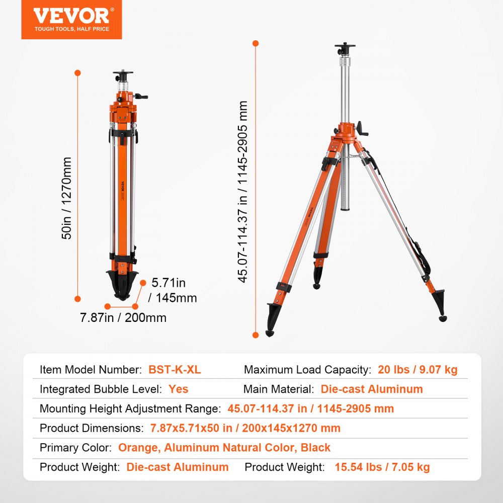 Laser Level Tripod Stand 5/8"-11 Thread 45.07-114.37 in Height Adjustment