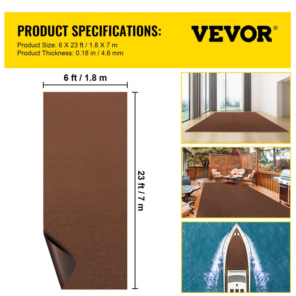 Marine Carpet, 6 x 23 ft Boat Carpeting, Deep Brown Marine Grade Boat Carpet, Indoor/Outdoor Marine Carpeting with Water-Proof TPR Backing, Water-Proof Carpet Roll for Home, Patio, Porch, Deck