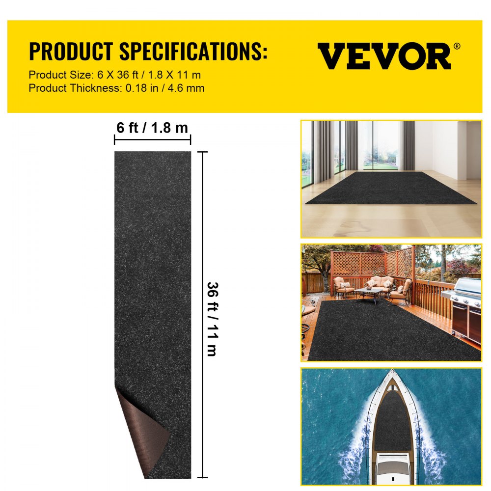 Marine Carpet, 6 x 36 ft Boat Carpeting, Charcoal Black Marine Grade Boat Carpet, Indoor/Outdoor Marine Carpeting w/ Water-proof TPR Backing, Water-proof Carpet Roll for Home, Patio, Porch, Deck