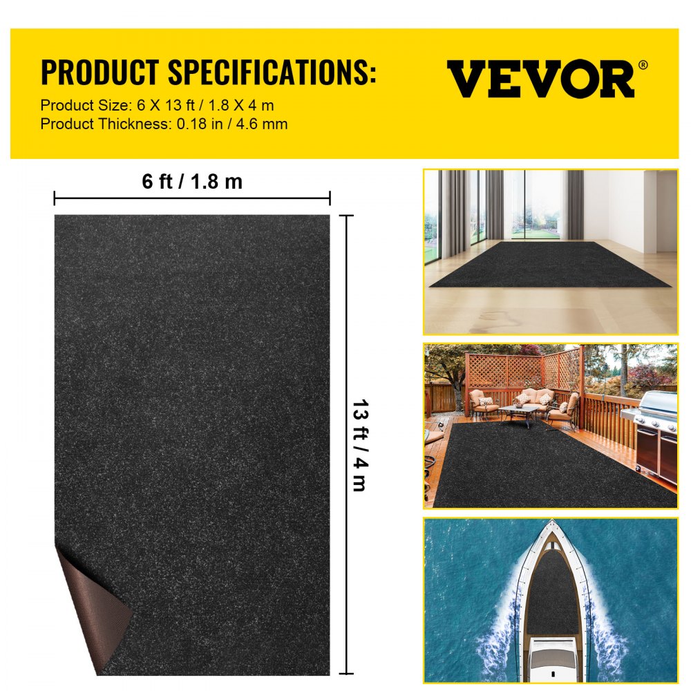 Marine Carpet, 6 x 13 ft Boat Carpeting, Charcoal Black Marine Grade Boat Carpet, Indoor/Outdoor Marine Carpeting w/ Water-proof TPR Backing, Water-proof Carpet Roll for Home, Patio, Porch, Deck