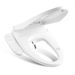 White elongated electric bidet toilet seat with heated smart side control panel and open lid.