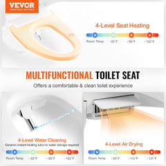 Elongated electric bidet toilet seat with heated seat, water cleaning, air drying, and side controls.