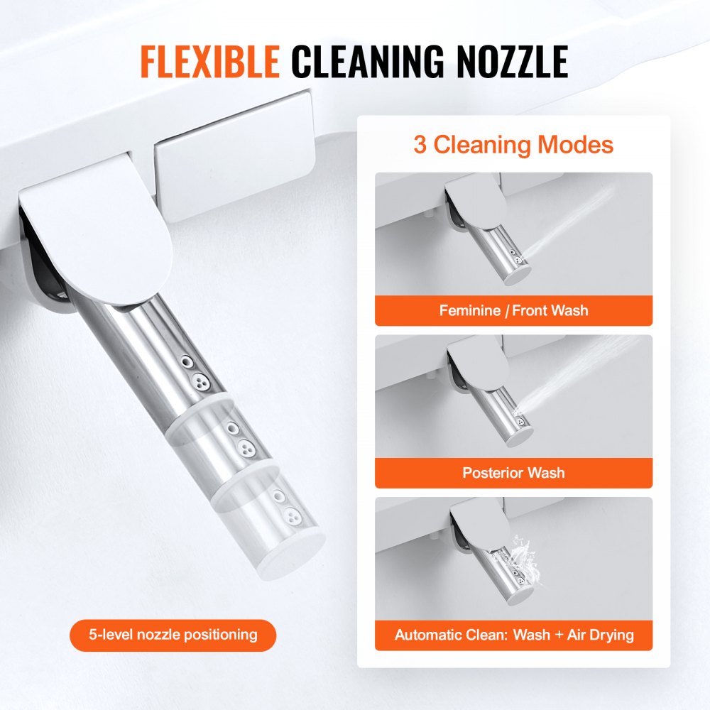 A bidet nozzle with flexible positioning and three cleaning modes: feminine, posterior, and automatic.