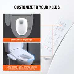 Elongated electric bidet toilet seat with heated water, side controls, night light, and ECO mode.