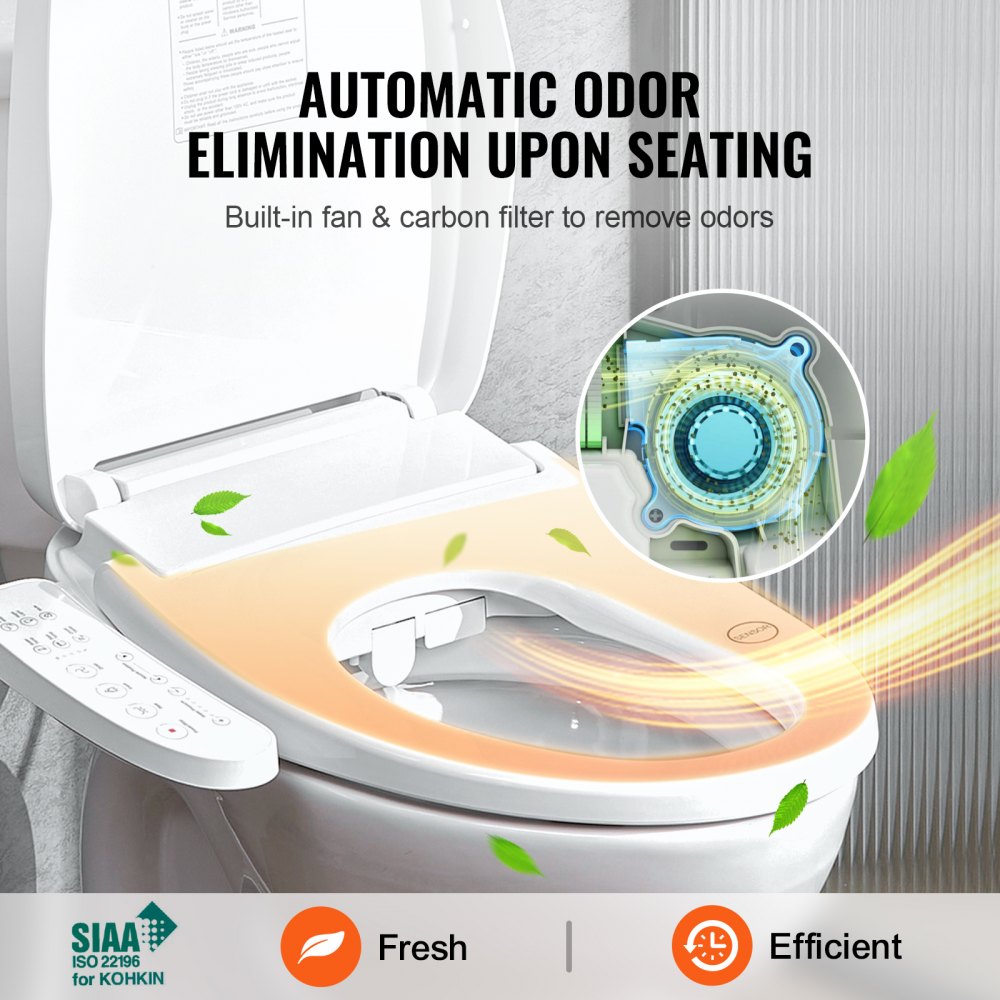 Elongated electric bidet toilet seat in white with orange accents, heated controls, and deodorizing fan.