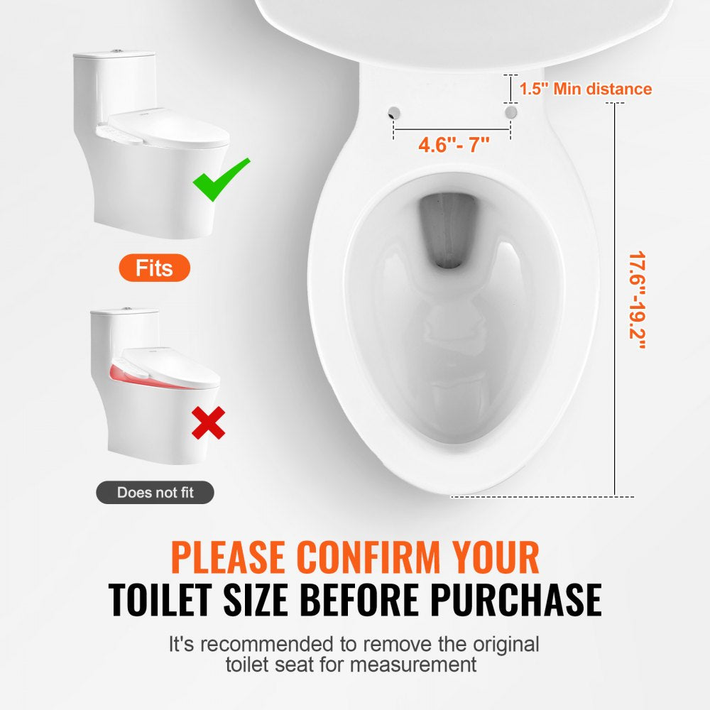 Elongated electric bidet toilet seat with heated water, smart side controls, and size compatibility diagram.