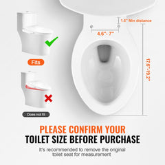Elongated electric bidet toilet seat with heated water, smart side controls, and size compatibility diagram.
