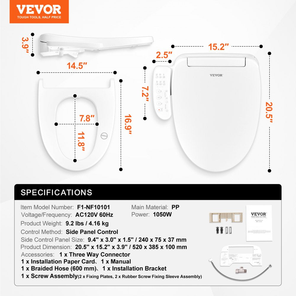 Elongated electric bidet toilet seat with heated smart side control, showing dimensions and specifications.