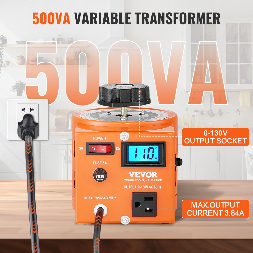 500VA Auto Variable Voltage Transformer, 3.84 Amp, 110V Input 0-130V Output AC Voltage Regulator, with LCD Display 4 Extra Fuses Thermal Control Switch for Home Industrial Office