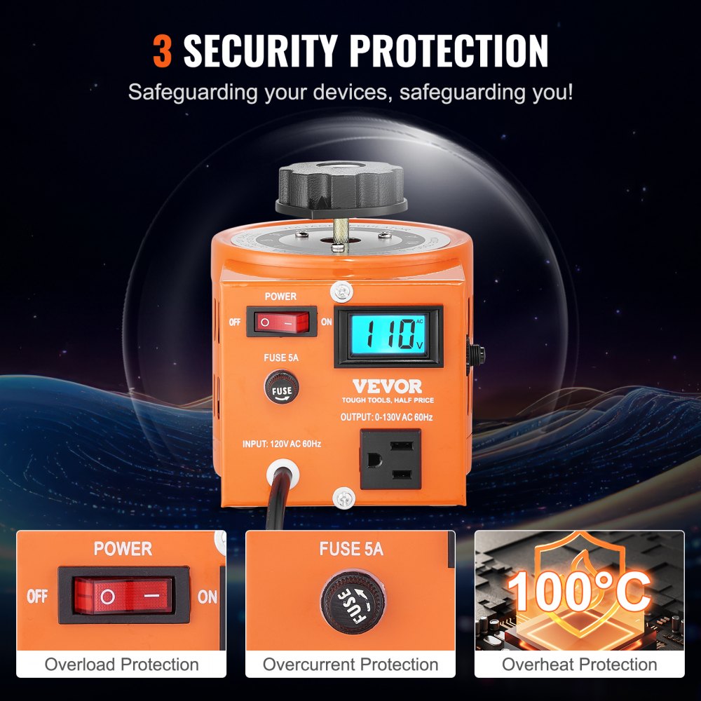 500VA Auto Variable Voltage Transformer, 3.84 Amp, 110V Input 0-130V Output AC Voltage Regulator, with LCD Display 4 Extra Fuses Thermal Control Switch for Home Industrial Office