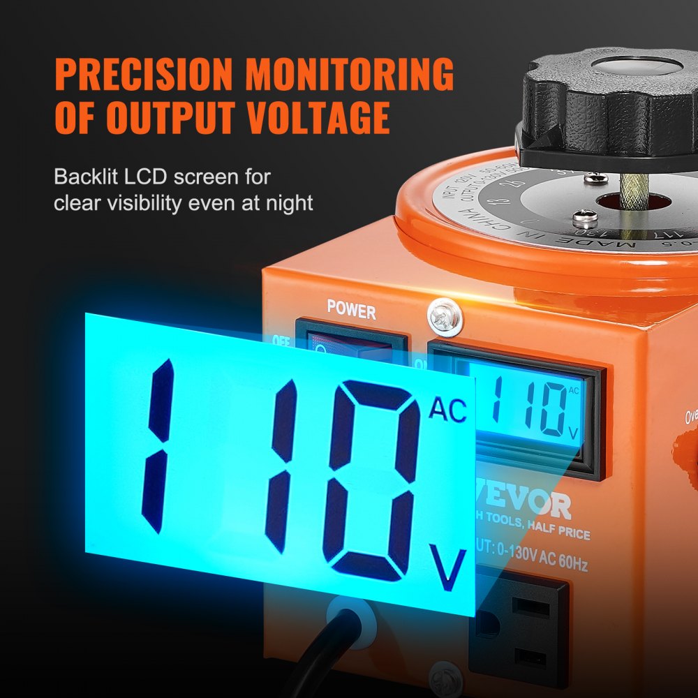 500VA Auto Variable Voltage Transformer, 3.84 Amp, 110V Input 0-130V Output AC Voltage Regulator, with LCD Display 4 Extra Fuses Thermal Control Switch for Home Industrial Office