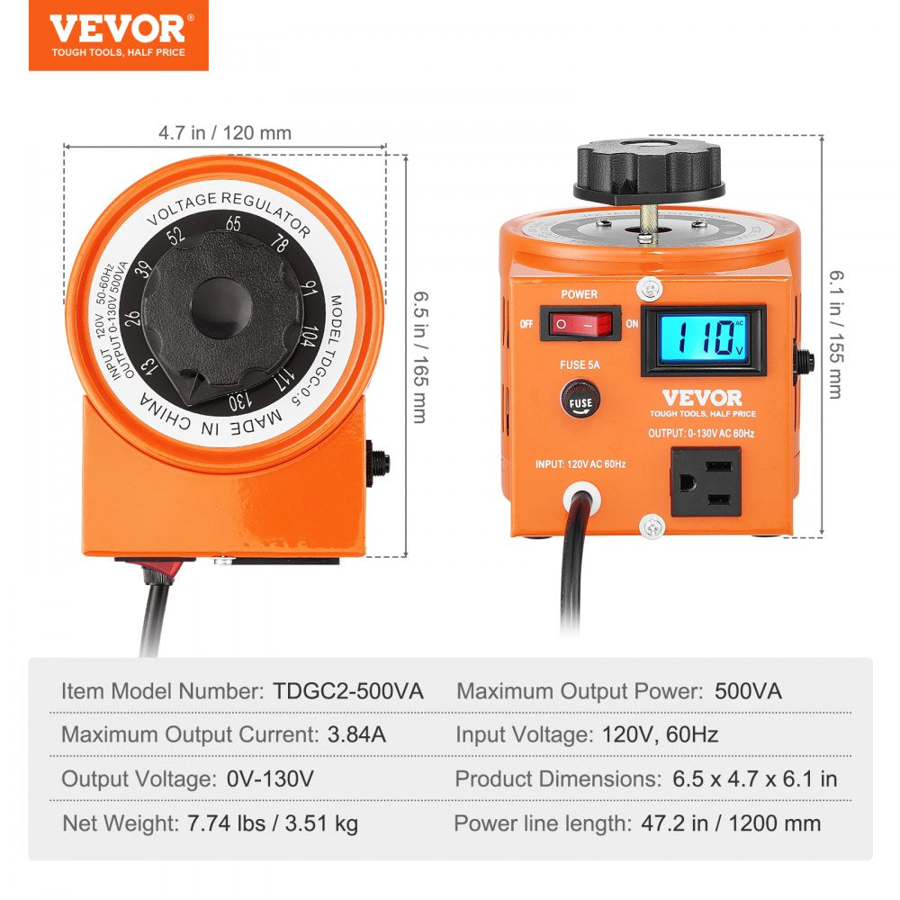 500VA Auto Variable Voltage Transformer, 3.84 Amp, 110V Input 0-130V Output AC Voltage Regulator, with LCD Display 4 Extra Fuses Thermal Control Switch for Home Industrial Office