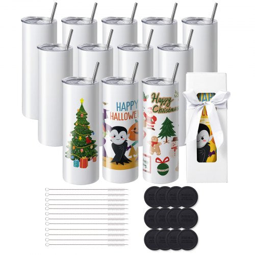 12 Pack Sublimation Tumblers 20oz Skinny Straight, Stainless Steel Sublimation Tumblers Blank, Stainless Steel Double Wall Tumbler for Heat Transfer Customized Gifts with Lid and Straw, Gift Box