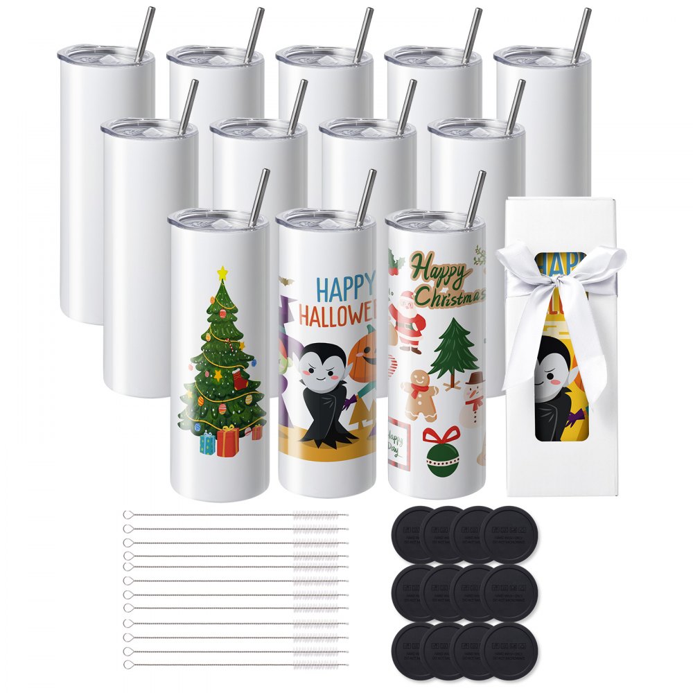 12 Pack Sublimation Tumblers 20oz Skinny Straight, Stainless Steel Sublimation Tumblers Blank, Stainless Steel Double Wall Tumbler for Heat Transfer Customized Gifts with Lid and Straw, Gift Box