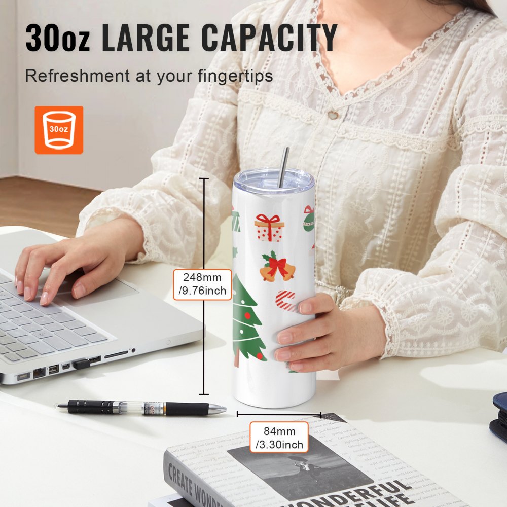 8 Pack 30 Oz Sublimation Tumblers, Skinny Straight Stainless Steel Blanks Cups, Stainless Steel Double Wall Tumbler for Heat Transfer Customized Gifts with Lid and Straw, Gift Box