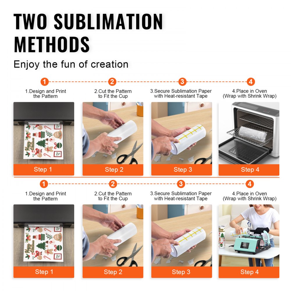 Infographic showing two sublimation methods for 20oz straight stainless steel tumblers using heat-resistant tape.