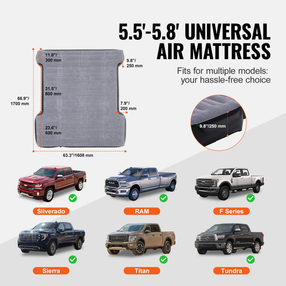 Truck Bed Air Mattress, for 5.5-5.8 ft Full Size Short Truck Beds, Inflatable Air Mattress Camping Bed with 12V Air Pump 2 Pillows, Carry Bag, for Silverado, RAM, F Series, Sierra, Titan, Tundra
