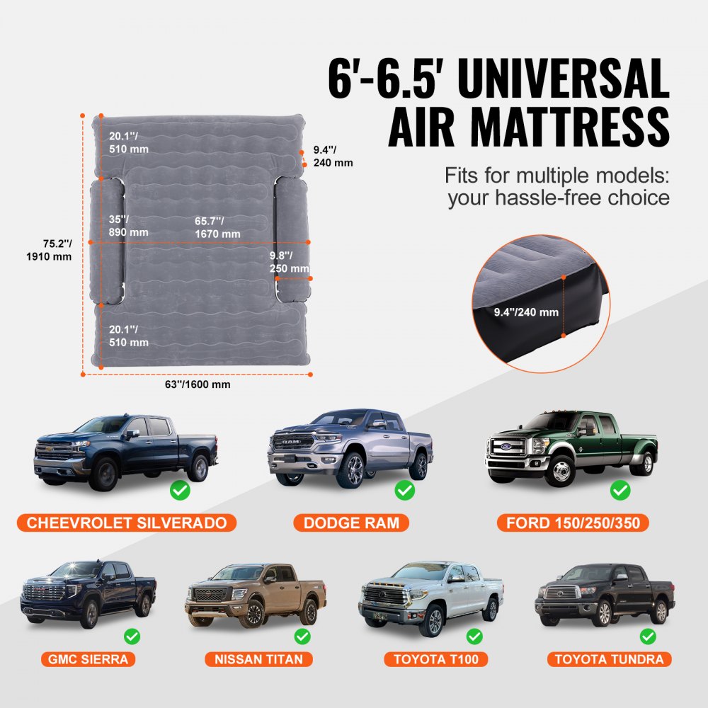 Truck Bed Air Mattress, for 6-6.5 ft Full Size Truck Beds, Inflatable Air Mattress Camping Bed with 12V Air Pump 2 Pillows, Carry Bag, for Chevrolet Silverado, Dodge Ram, Ford 150/250/350
