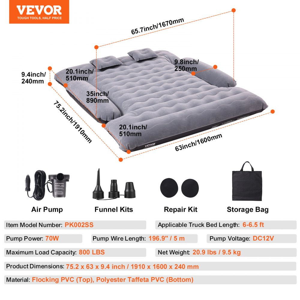 Truck Bed Air Mattress, for 6-6.5 ft Full Size Truck Beds, Inflatable Air Mattress Camping Bed with 12V Air Pump 2 Pillows, Carry Bag, for Chevrolet Silverado, Dodge Ram, Ford 150/250/350