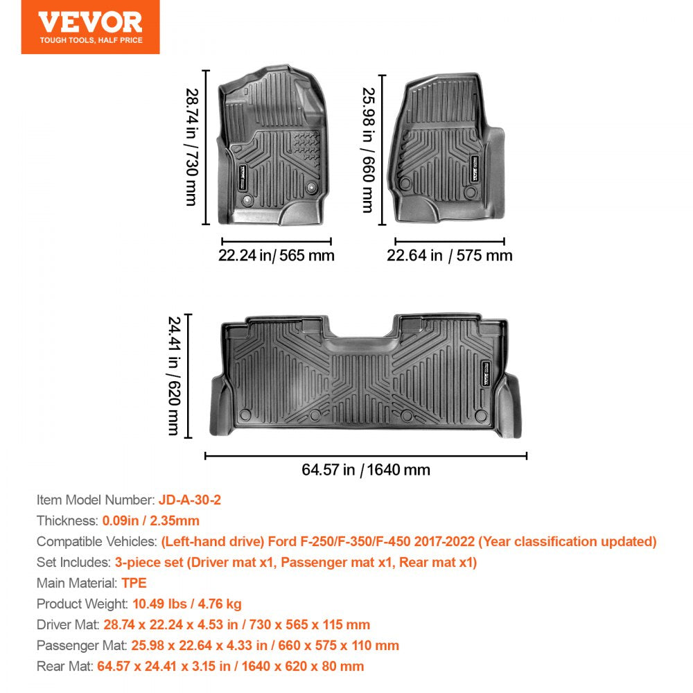 Automotive Floor Mats Fits for Ford F-250/F-350/F-450 2017-2022 3 pcs