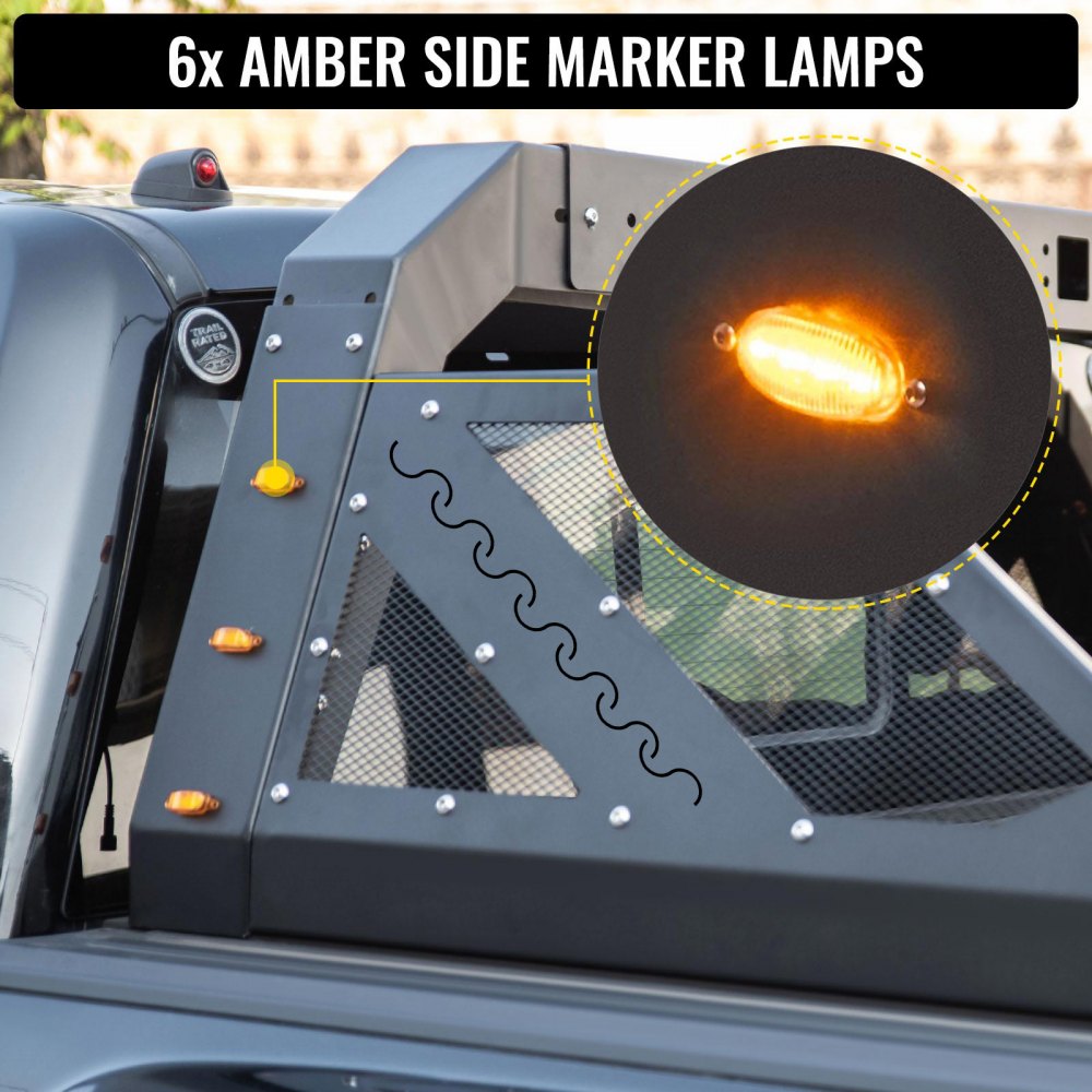 Truck Roll Bar Chase Rack Adjustable with 6 Amber Auxiliary Side Marker Lamps, Universal Fit for Pickup Trucks