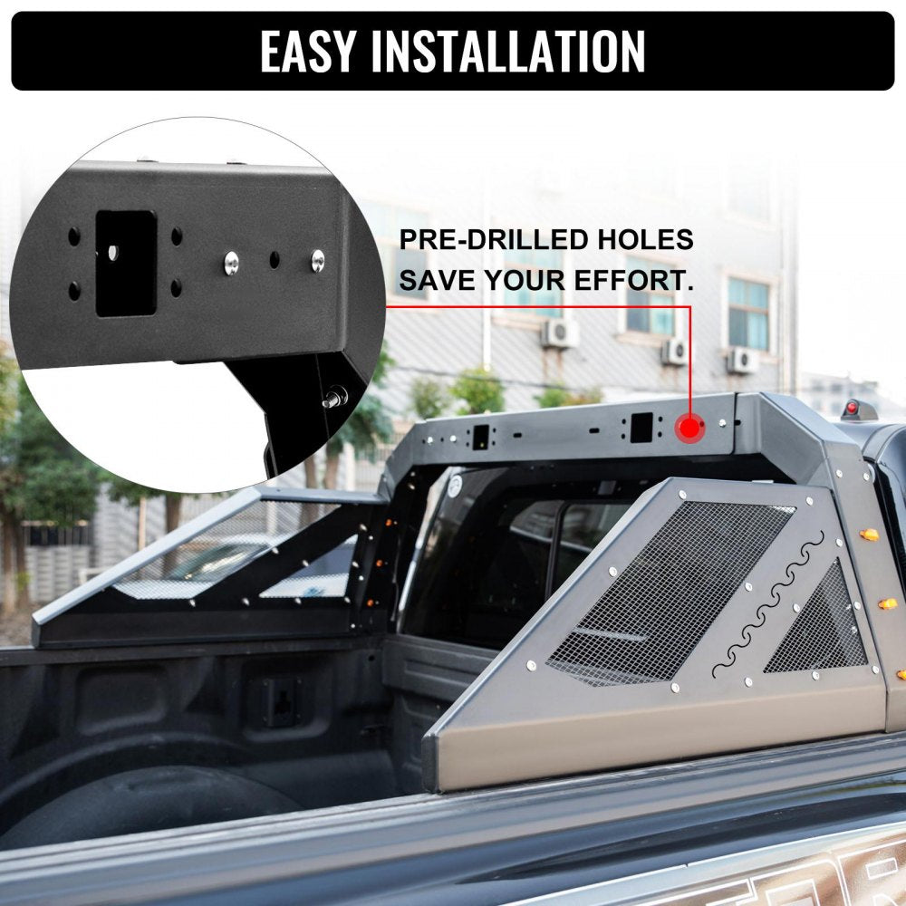Truck Roll Bar Chase Rack Adjustable with 6 Amber Auxiliary Side Marker Lamps, Universal Fit for Pickup Trucks