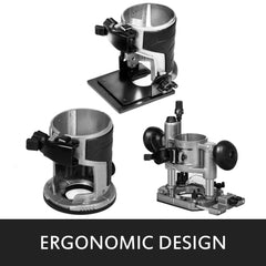 Bostome Compact Router Kit with variable speed, fixed and plunge bases, and ergonomic design.