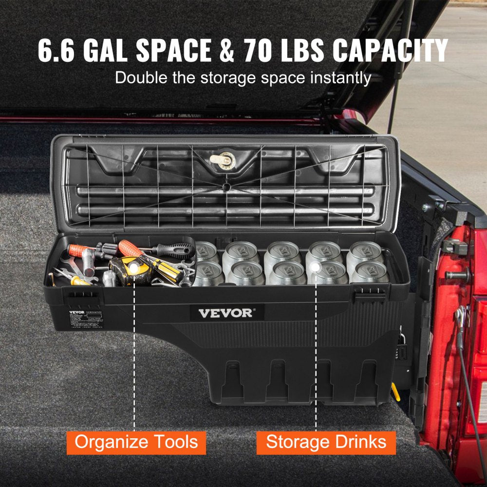 Truck Bed Storage Box, Lockable Swing Case with Password Padlock, 6.6 Gal/25 L ABS Wheel Well Tool Box, Waterproof and Durable, Compatible with Ford F-150 2015-2021, Passenger Side