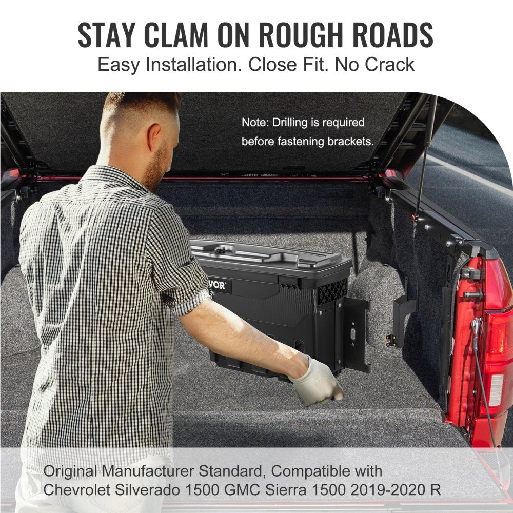 Truck Bed Storage Box, Lockable Lid, Waterproof ABS Wheel Well Tool Box 6.6 Gal/20 L, Compatible with Chevrolet Silverado 1500 GMC Sierra 1500 2019-2021, Passenger Side, Black